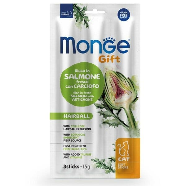 Monge Soft Sticks Hairball para gatos: salmón fresco con alcachofa, 15 g