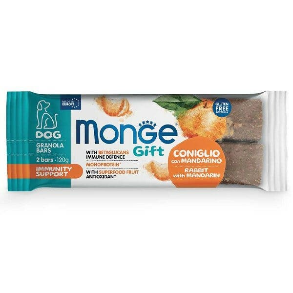 Monge Barritas de Granola Immunity Support para perros adultos, con conejo y mandarina, 120 g