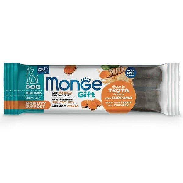 Monge Meat Bars Mobility Support Barrita para perros adultos de trucha fresca con cúrcuma 40 g