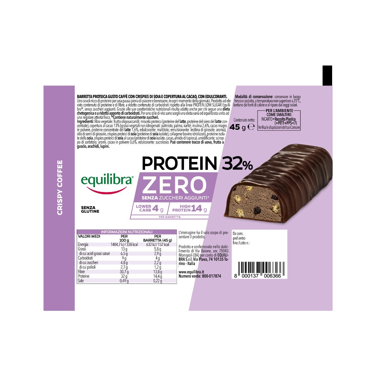 Equilibra Protein 32% Zero Crispy Coffee 1 Barretta Da 45g