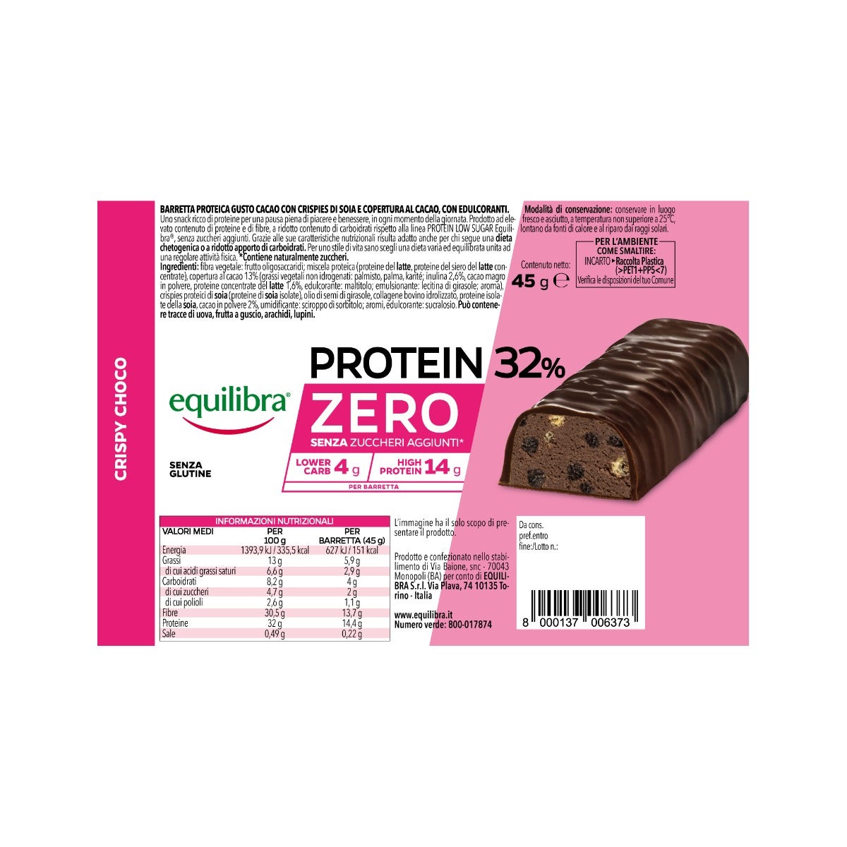 Equilibra Protein 32% Zero Crispy Choco Barretta 45g