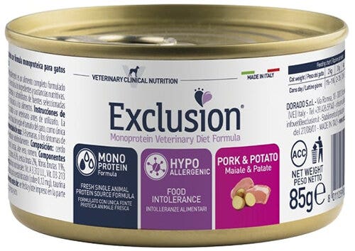 Exclusion Monoprotein Veterinary Diet Formula Cerdo y Patata Comida húmeda para gatos 85 g
