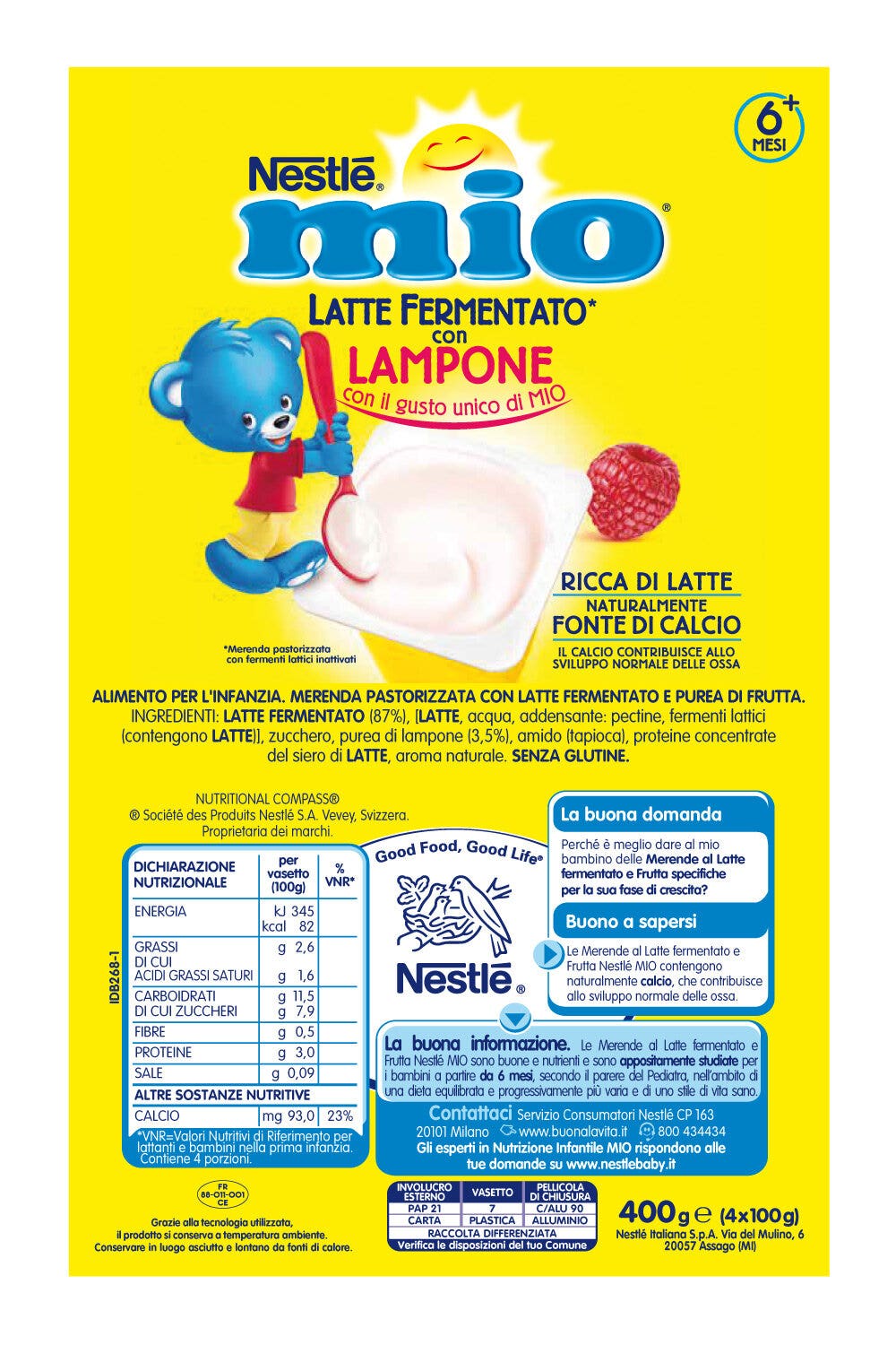 Nestlé Mio Merenda Latte Fermentato Lampone 4 Vasetti Da 100g