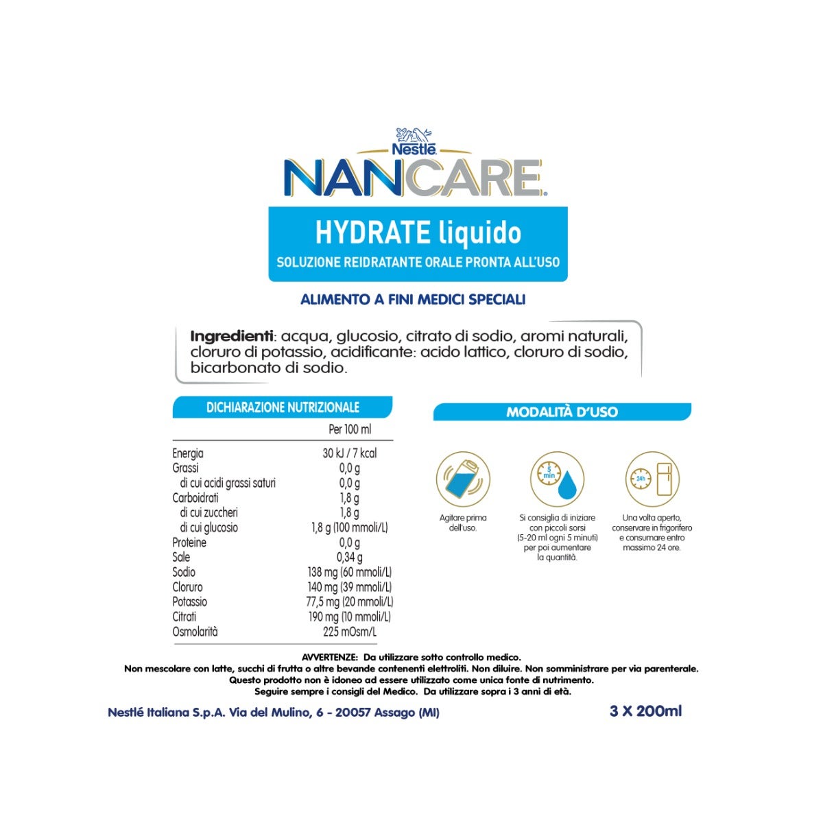 Nestlé Nancare Hydrate Alimento para fines médicos especiales con sabor a fresa, 3 envases de 200 ml