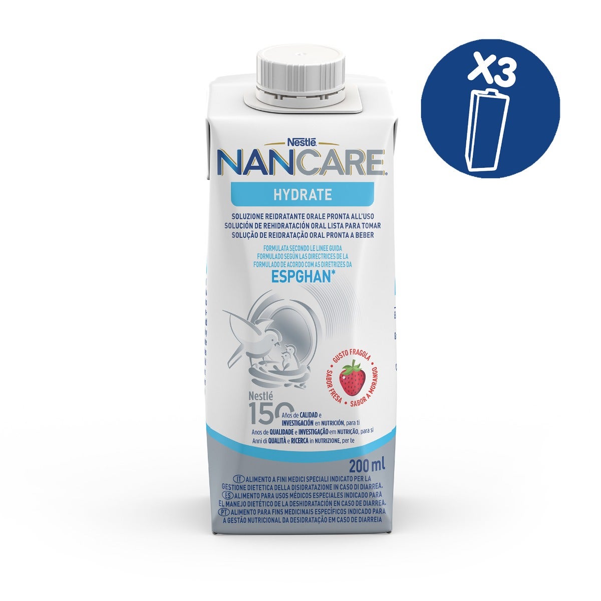 Nestlé Nancare Hydrate Alimento para fines médicos especiales con sabor a fresa, 3 envases de 200 ml