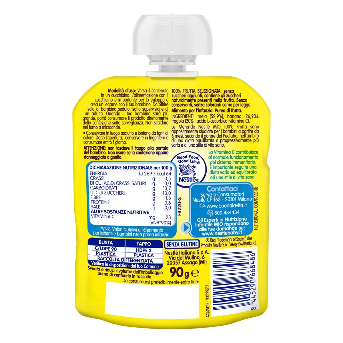 Nestlé Mio Merenda 100% Frutta Mela Banana E Fragola Da Spremere Pouch 90ml