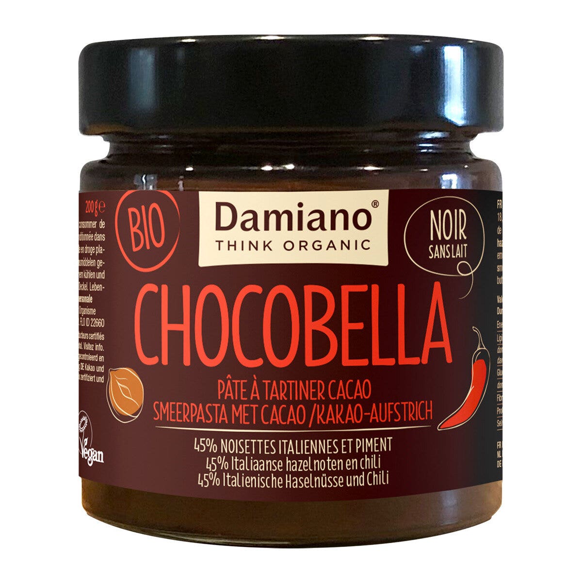 Damiano Chocobella Noir Crema para untar de cacao y guindilla ecológica 200 g