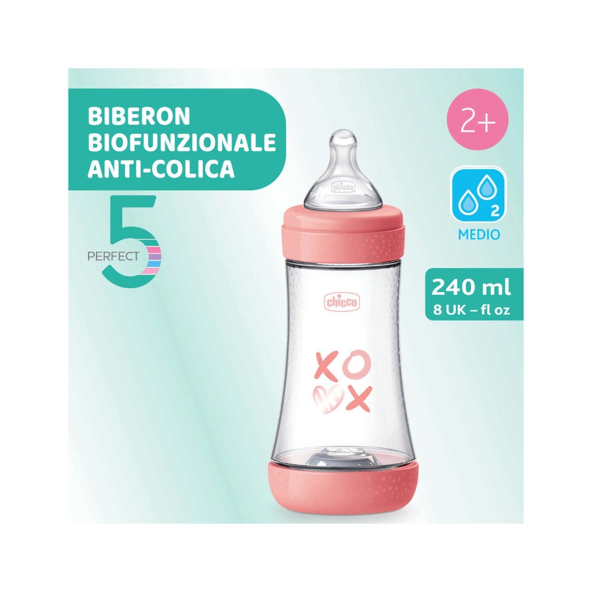 Chicco Biberón para recién nacidos Perfect 5 Biberón rosa, flujo medio, 240 ml, a partir de 2 meses