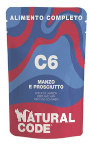 Natural Code C6 Carne de ternera y jamón para gatos adultos, sobre de 70 g