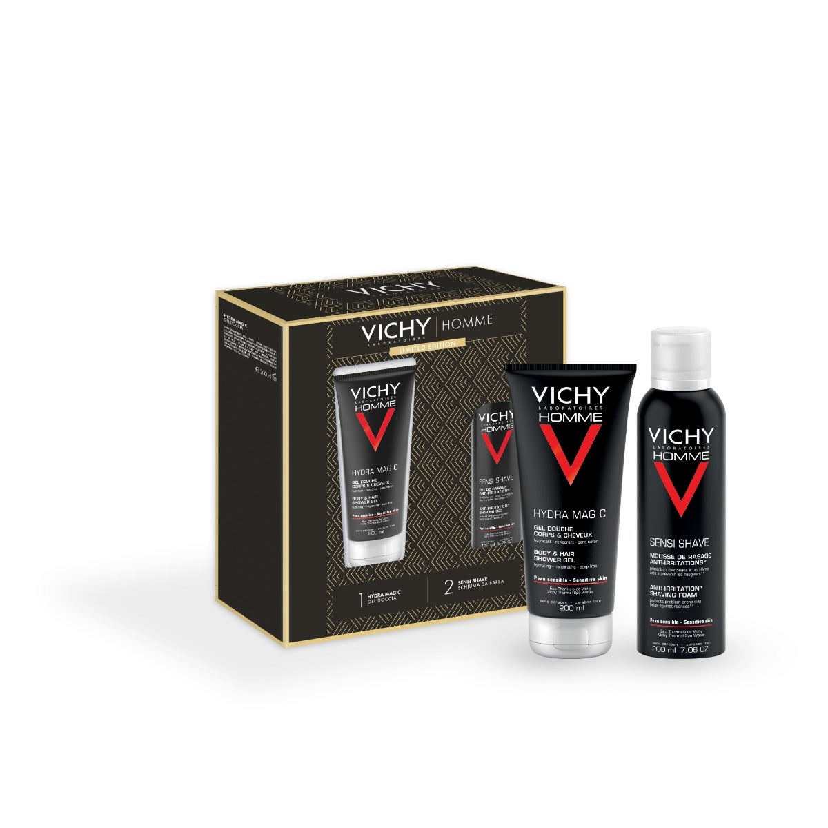 Vichy Set de regalo de Navidad para hombre Hydra Mag C Gel de ducha 200 ml + Sensi Shave Espuma de afeitar 20 ml
