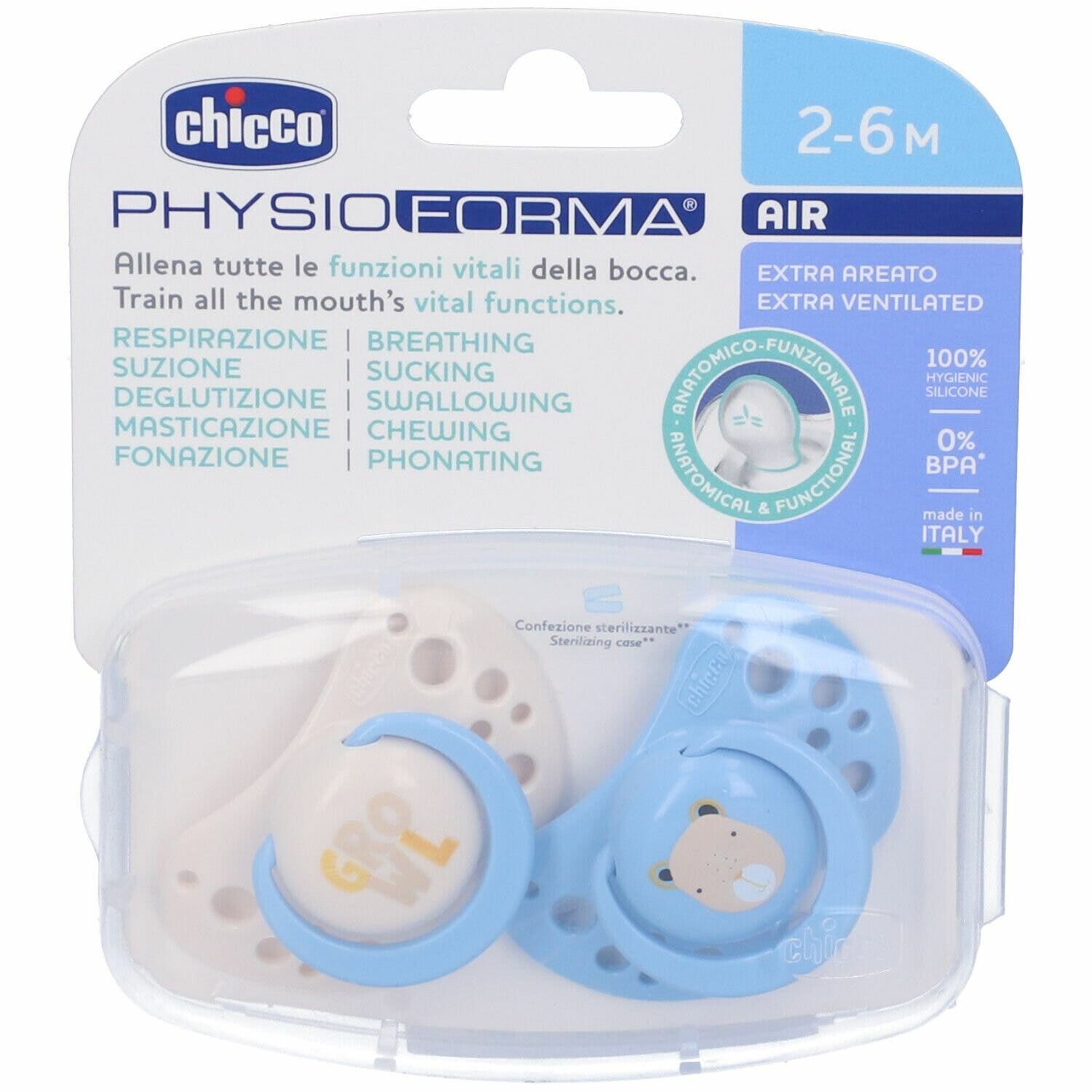 Chicco Chupetes PhysioForma Air Azul Silicona 2-6 Meses 2 Unidades