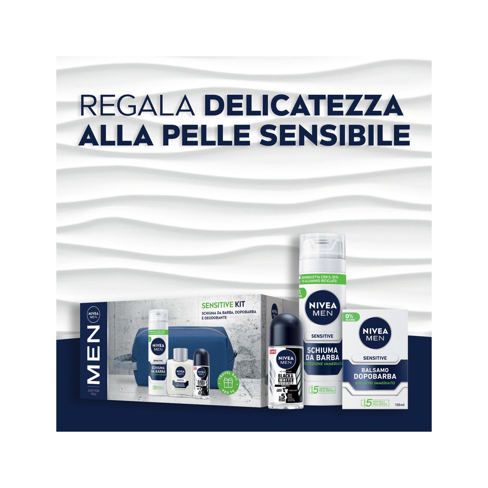 Nivea Men Sensitive Kit Cofanetto Con Schiuma 200ml Dopobarba 100ml Deodorante 50ml E Travel Bag