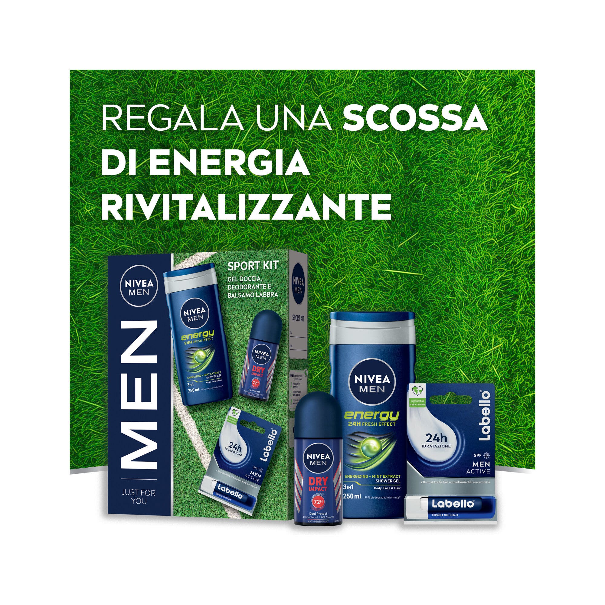 Nivea Men Sport Kit Cofanetto Con Doccia Shampoo 250ml Deodorante 50ml Burrocacao Labello Men 4.8g