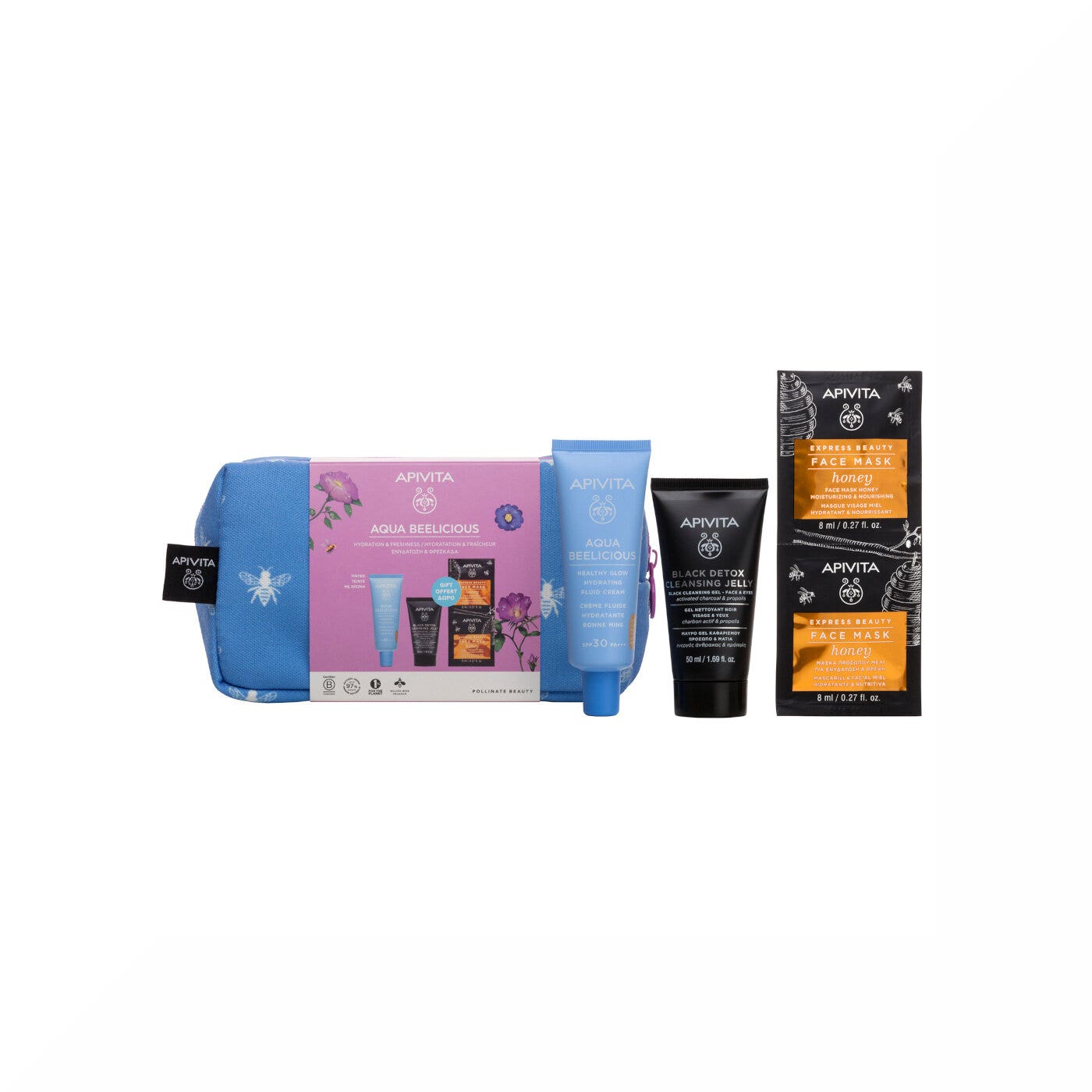 Apivita Aqua Beelicious Crema Idratante Colorata Healthy Glow SPF30+Gel detergente Viso+ Maschera+ Pochette