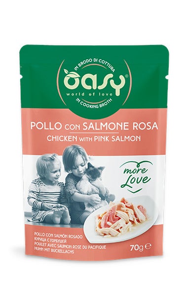 Oasy Wet Cat More Love Pollo con salmón rosado, comida húmeda para gatos adultos, 70 g