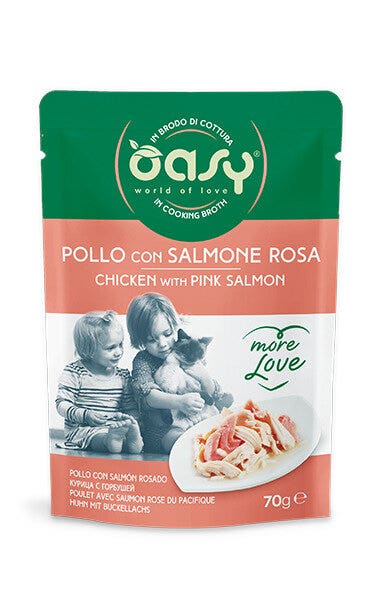 Oasy Wet Cat More Love Pollo con salmón rosado, comida húmeda para gatos adultos, 70 g