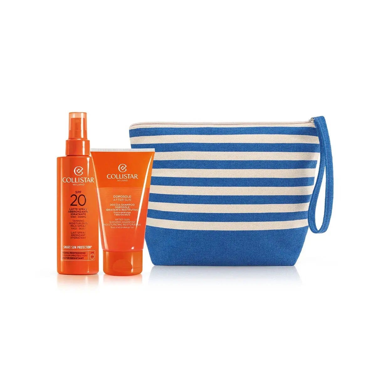 Collistar Set de leche bronceadora en spray para rostro y cuerpo SPF20 200 ml + champú y gel de ducha 150 ml + neceser