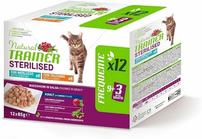 Natural Trainer Gato Multipack Sterilised con pavo y bacalao, bocaditos en salsa, 12 x 85 g
