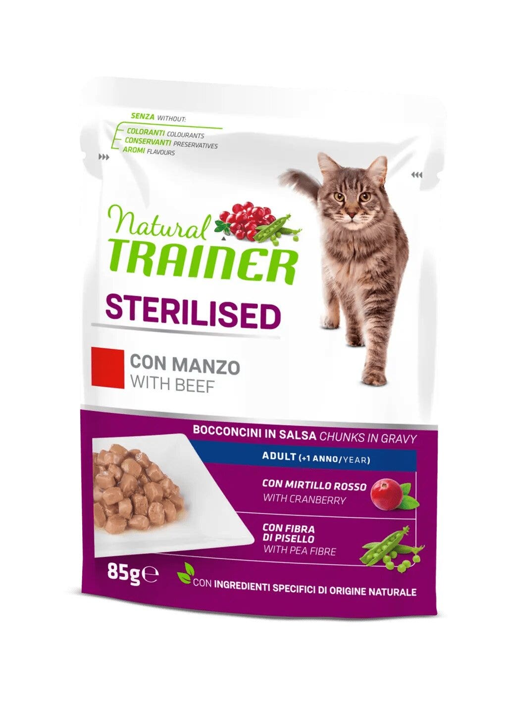 Natural Trainer Gato Esterilizado Adulto con Ternera Bocaditos en Salsa 85 g