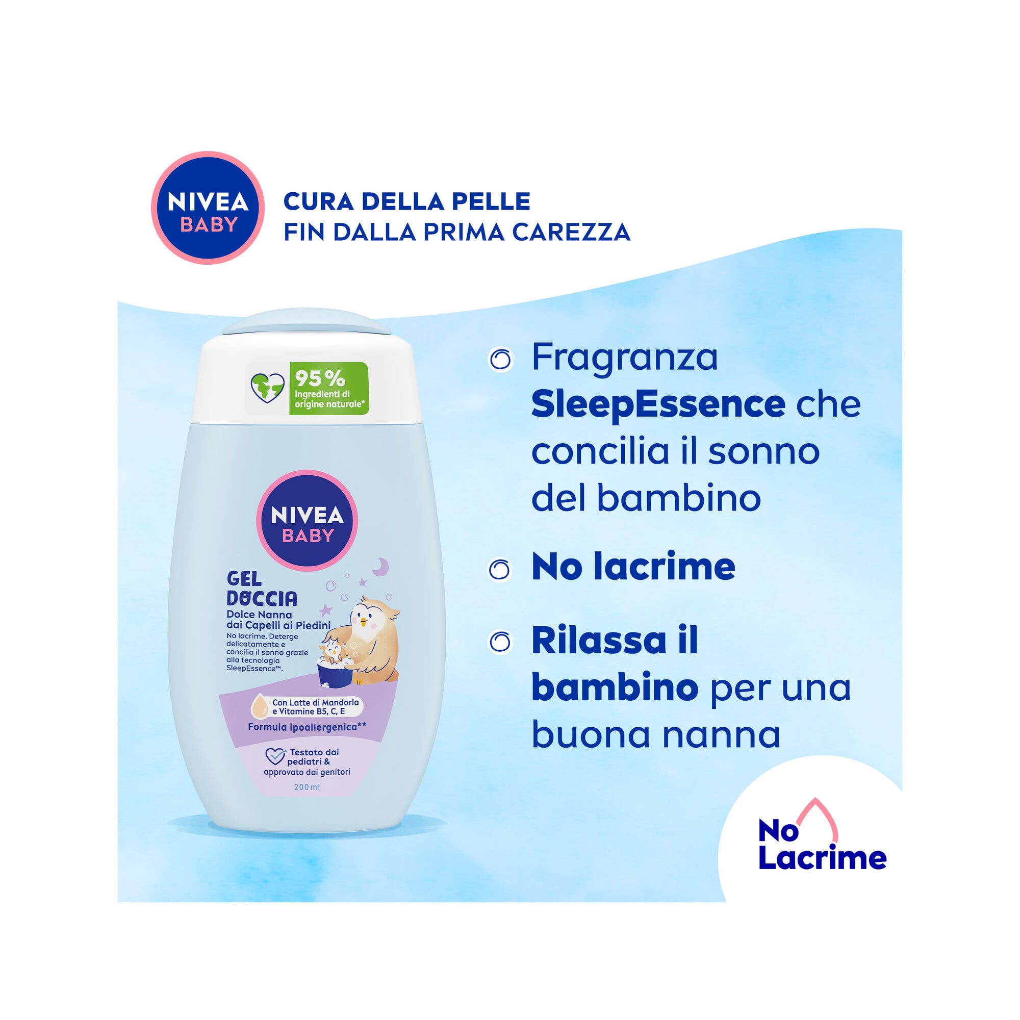 Nivea Baby Gel de ducha Dolce Nanna, de la cabeza a los pies, limpiador para el cuerpo y el cabello del bebé, 200 ml