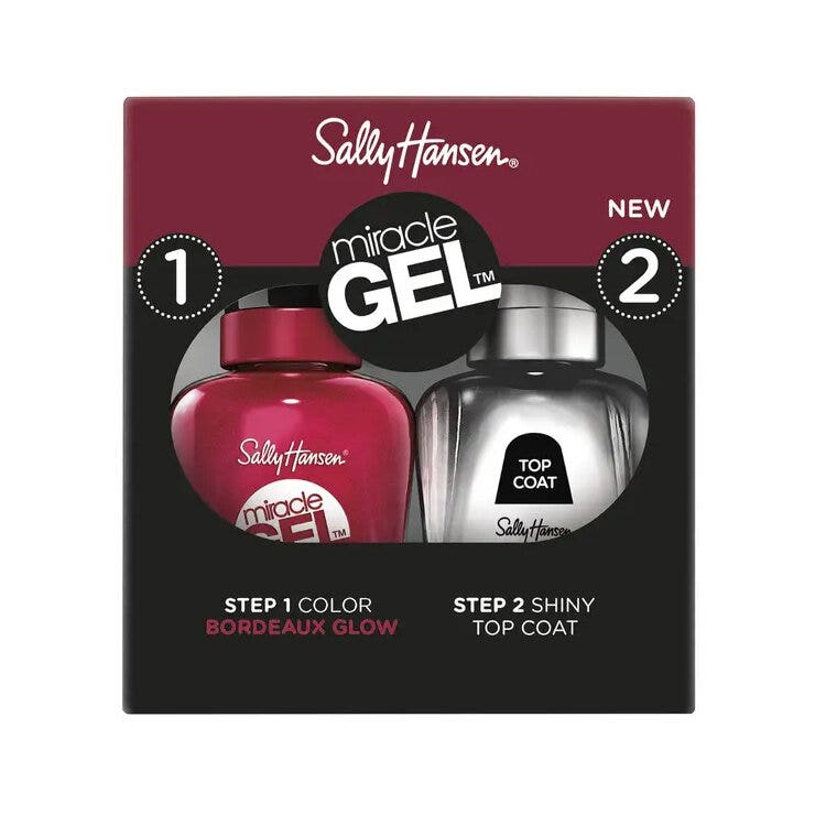 Sally Hansen Miracle Gel Pack doble: capa superior + esmalte de color 940 Bordeaux Glow