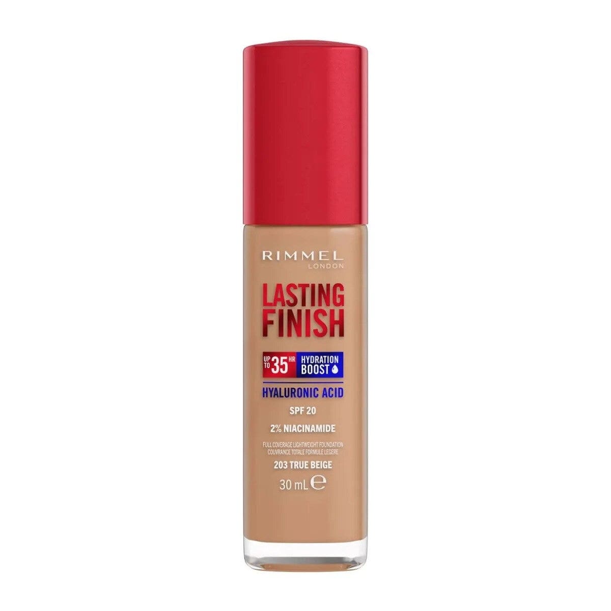 Rimmel Base de maquillaje Lasting Finish 35h con ácido hialurónico 203 True Beige 30 ml