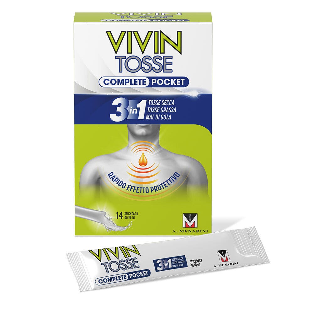 Vivin Tosse Complete 3 en 1 de bolsillo para tos seca, tos productiva y dolor de garganta, 14 sobres