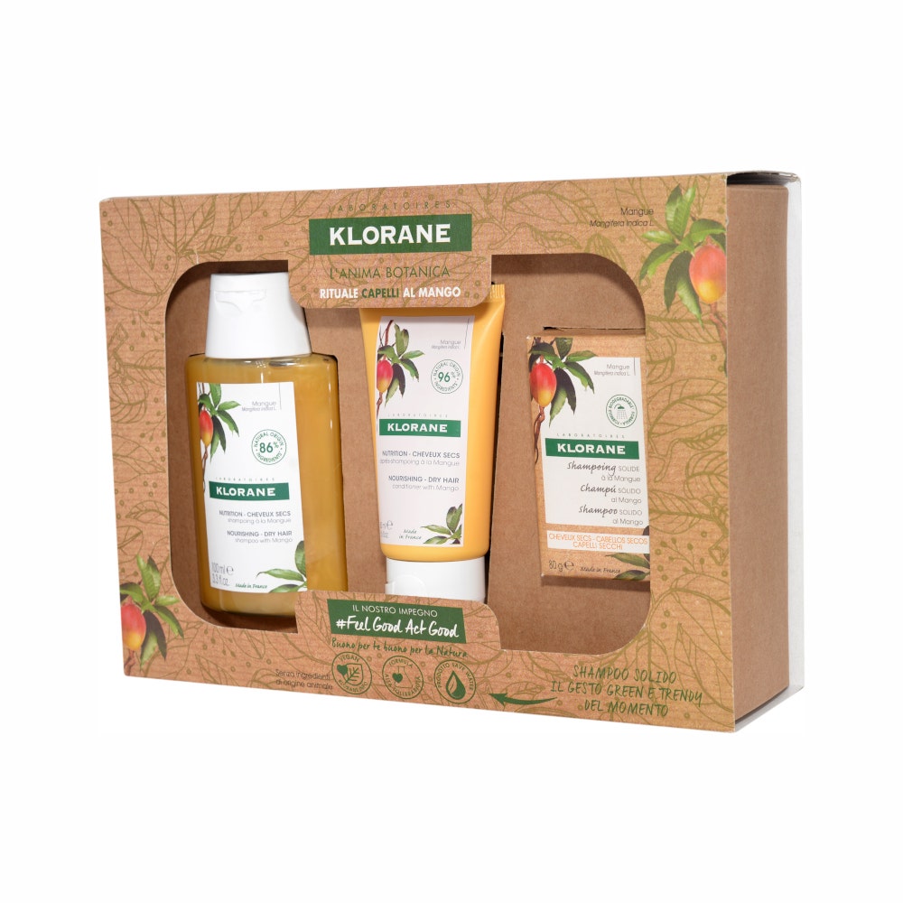Klorane Cofanetto Rituale Capelli Secchi al Mango Shampoo 100ml + Balsamo 50ml + Shampoo Solido 80g