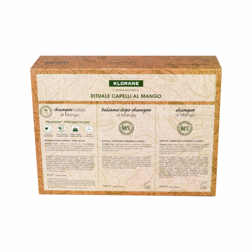 Klorane Cofanetto Rituale Capelli Secchi al Mango Shampoo 100ml + Balsamo 50ml + Shampoo Solido 80g