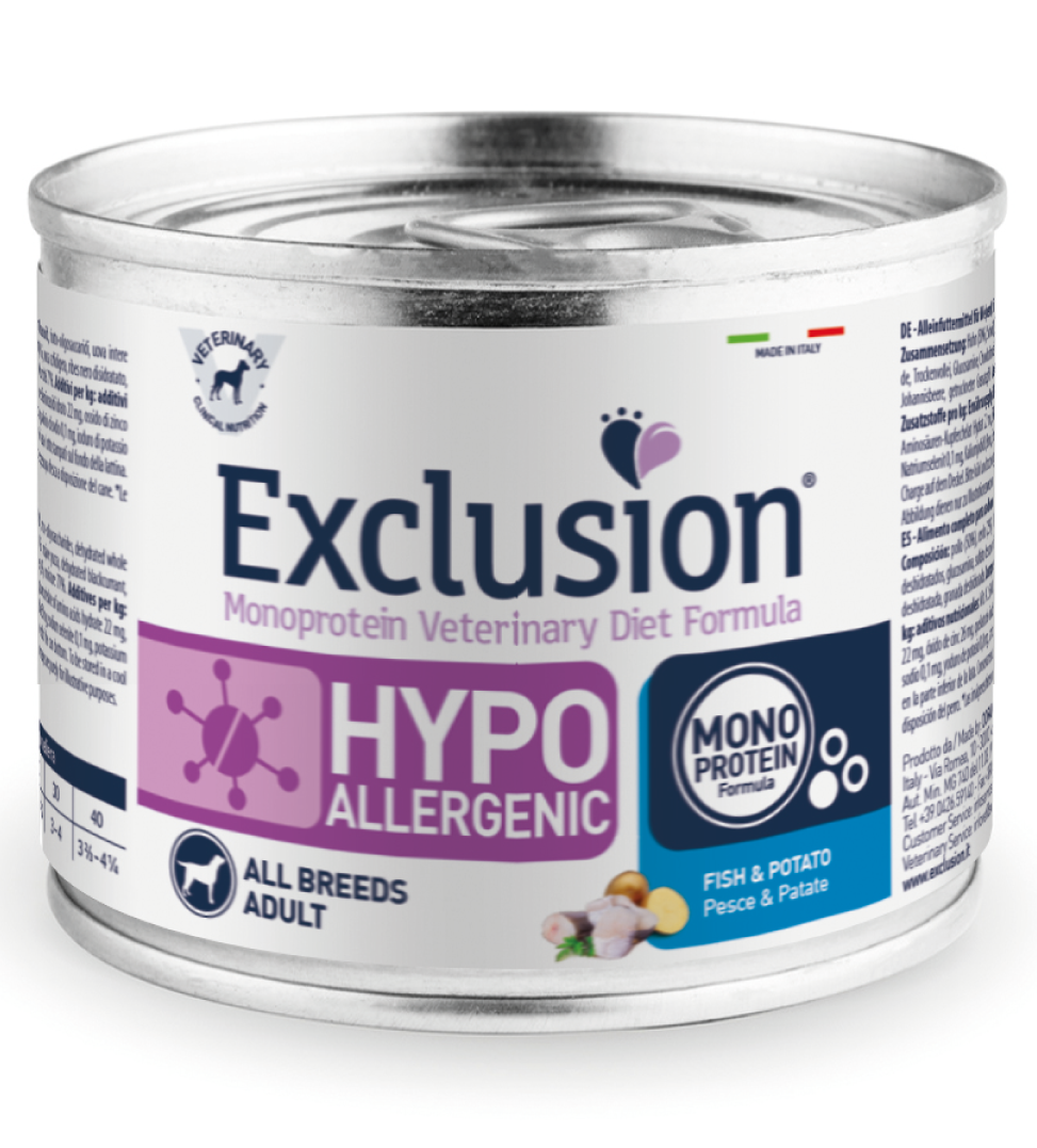 Exclusion Veterinary Diet Formula Hypoallergenic para perros: pescado/patatas, lata de 200 g