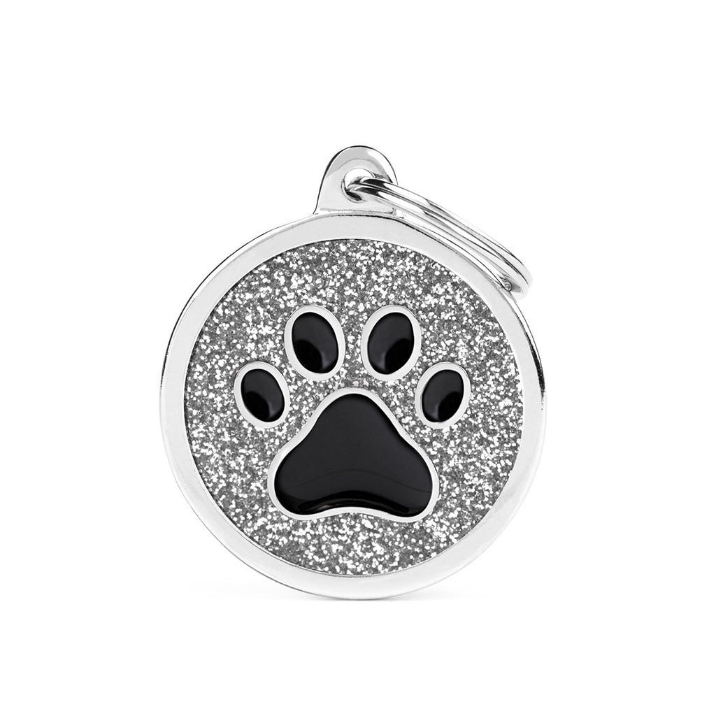 Medaglietta Per Cani E Gatti Personalizzata Cerchio Glitter Con Zampa Nera Taglia Grande