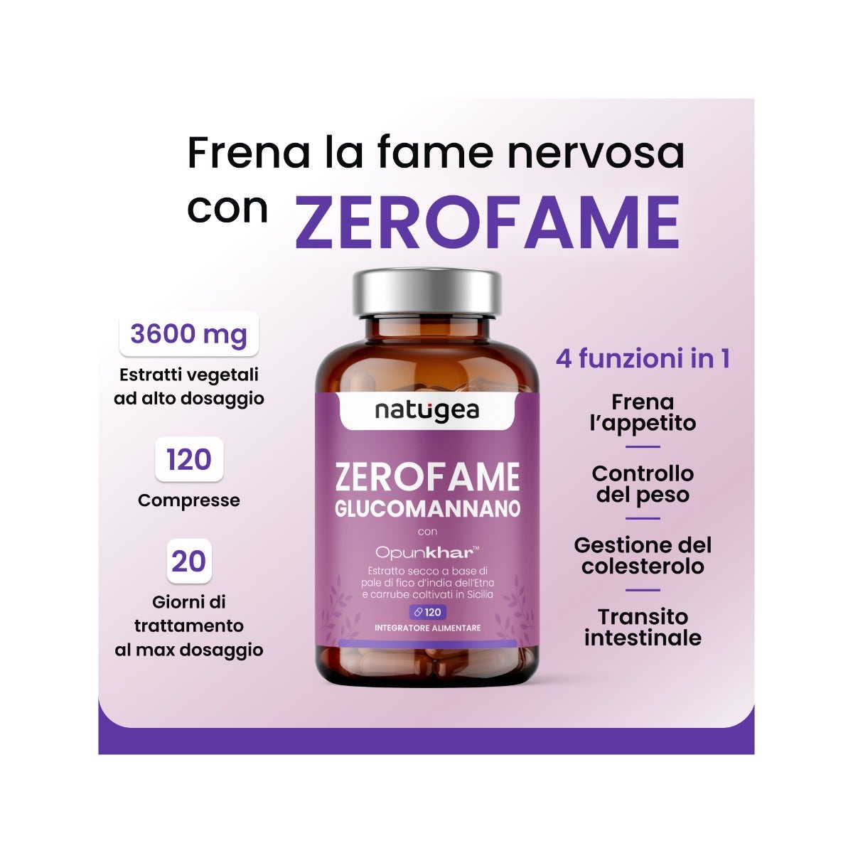 Natugea Glucomanano enriquecido con hojas de higo chumbo del Etna y algarroba siciliana, vegano, 120 comprimidos