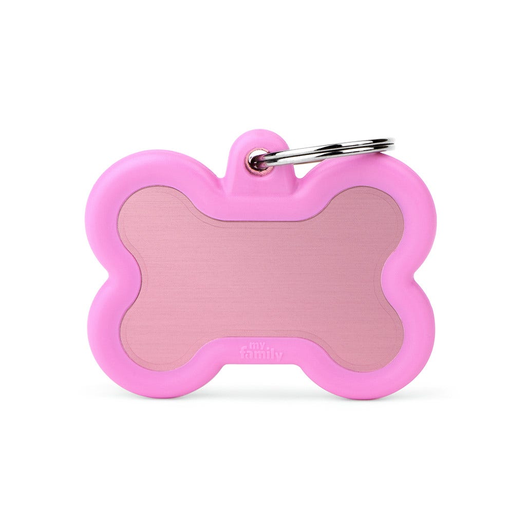 Placa personalizada para perros y gatos con forma de hueso de aluminio rosa con goma