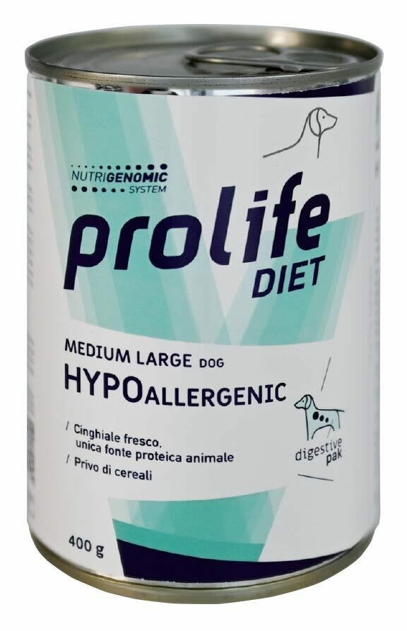 Prolife Dog Diet Wet Hypoallergenic Comida húmeda para perros de tamaño mediano/grande Lata de 400 g