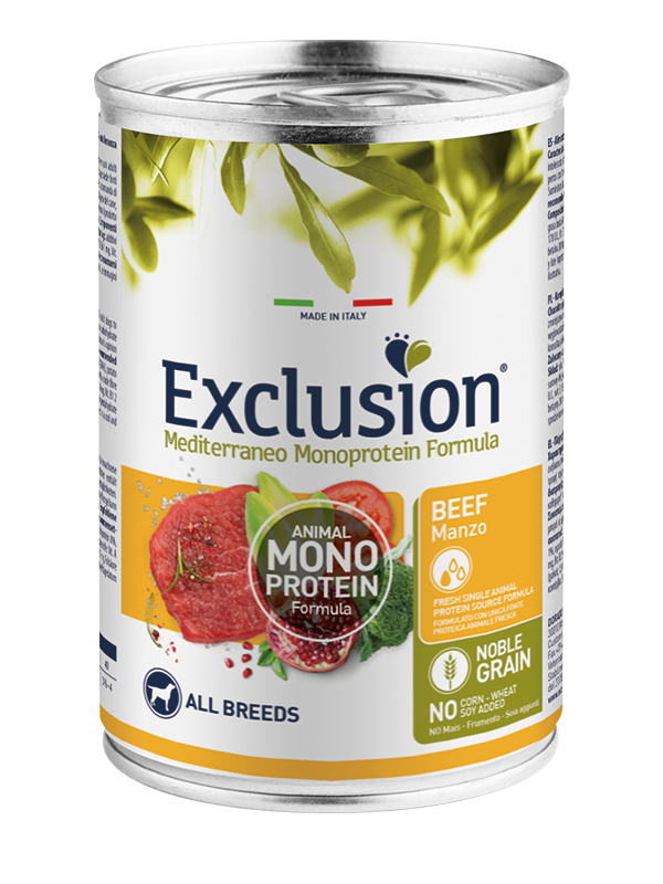 Exclusion Mediterraneo Monoproteína Grano Noble Húmedo De Ternera Para Perros Lata 400gr-1