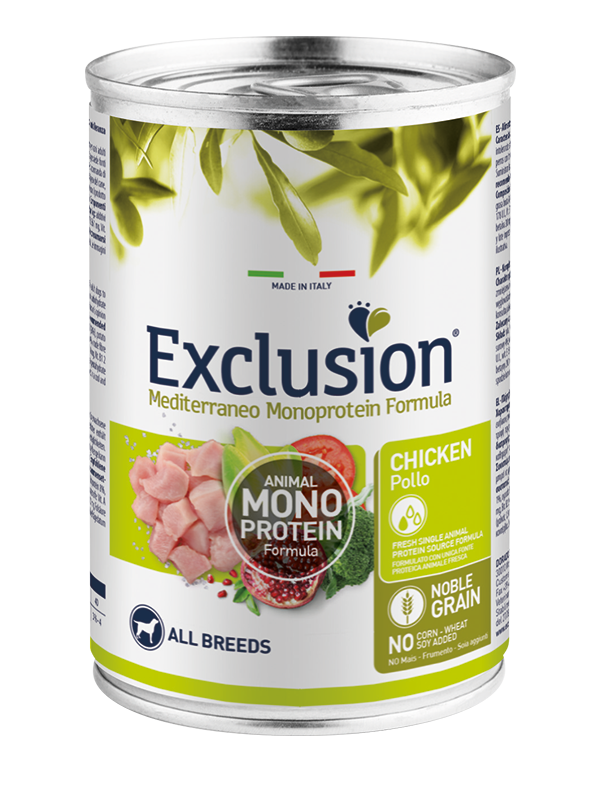 Exclusion Mediterraneo Monoprotein Noble Grain Comida húmeda de pollo para perros, lata de 400 g