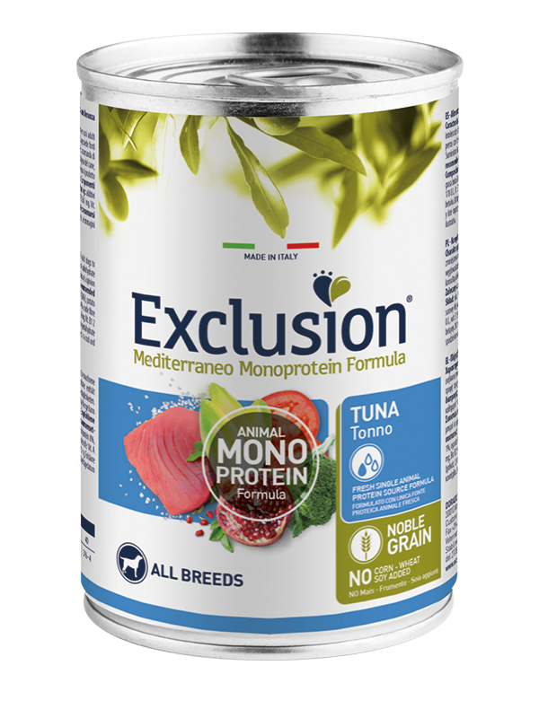 Exclusion Mediterraneo Monoprotein Noble Grain Comida húmeda con atún para perros Lata de 400 g