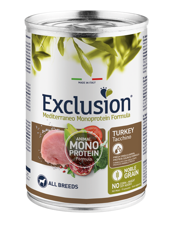 Exclusion Mediterraneo Monoprotein Noble Grain Comida húmeda de pavo para perros, lata de 400 g