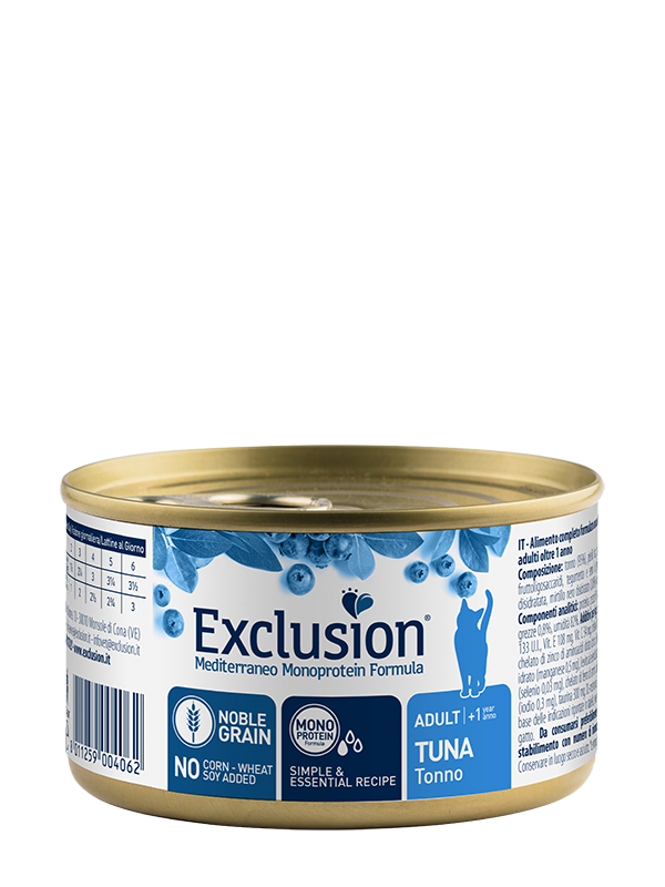 Exclusion Mediterraneo Monoprotein Noble Grain Húmedo para gatos adultos con atún, lata de 85 g