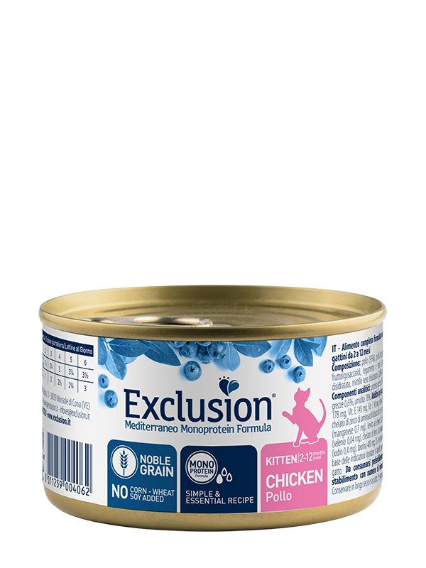 Exclusion Mediterraneo Noble Grain Comida húmeda para gatitos con pollo, lata de 85 g