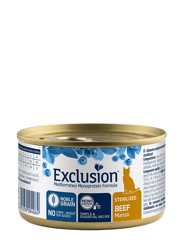 Exclusion Mediterraneo Monoprotein Noble Grain Comida húmeda para gatos esterilizados con ternera, lata de 85 g