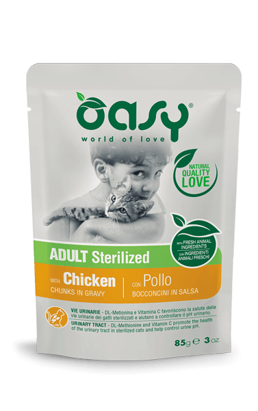 Oasy Wet Chicken Nuggets Para Gatos Adultos Esterilizados Bolsa 85g-1