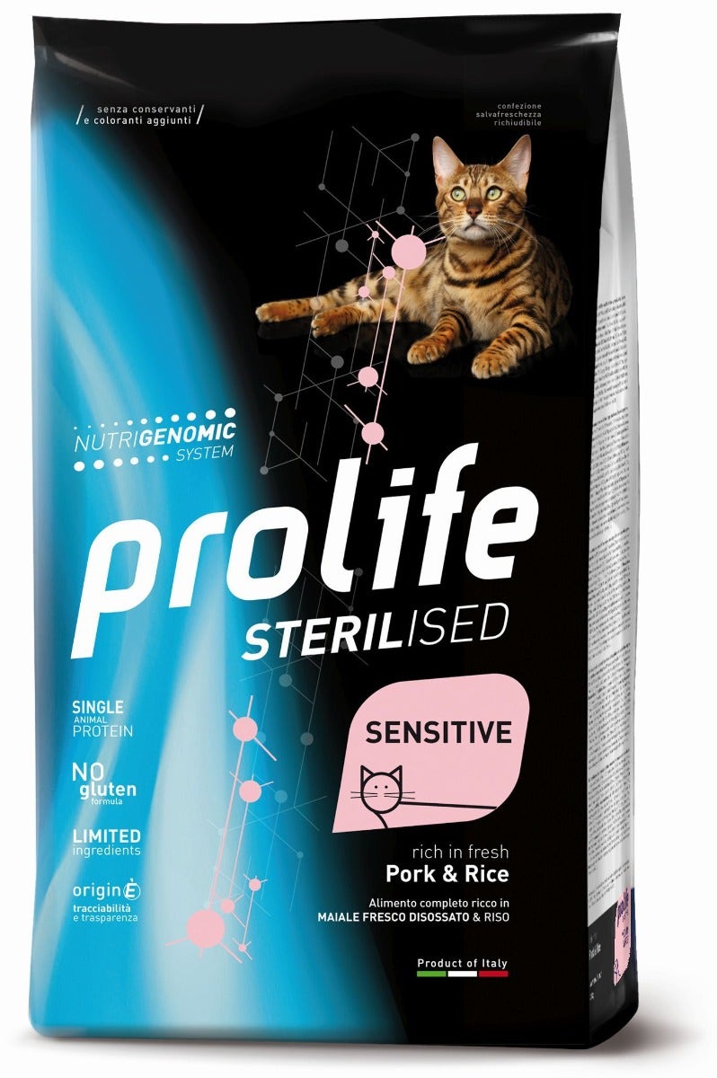 Prolife Sterilised Sensitive Cerdo Fresco y Arroz Comida Seca para Gatos Adultos 1,5 kg