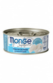 Monge Supreme Comida húmeda de atún con calamares para gatos esterilizados, lata de 80 g