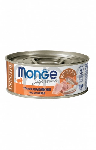 Monge Supreme Comida húmeda de atún con cangrejo para gatos esterilizados, lata de 80 g
