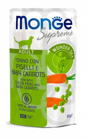 Monge Supreme Trozos de atún con guisantes y zanahorias baby para gatos adultos, bolsa de 80 g
