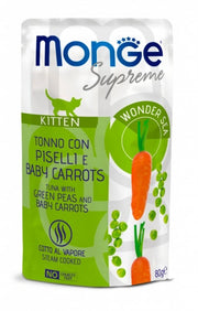 Monge Supreme Trozos de atún con guisantes y zanahorias baby para gatitos, sobre de 80 g