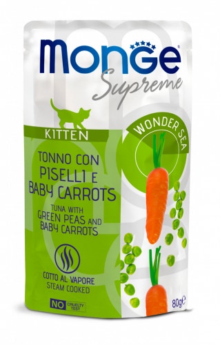 Monge Supreme Trozos de atún con guisantes y zanahorias baby para gatitos, sobre de 80 g
